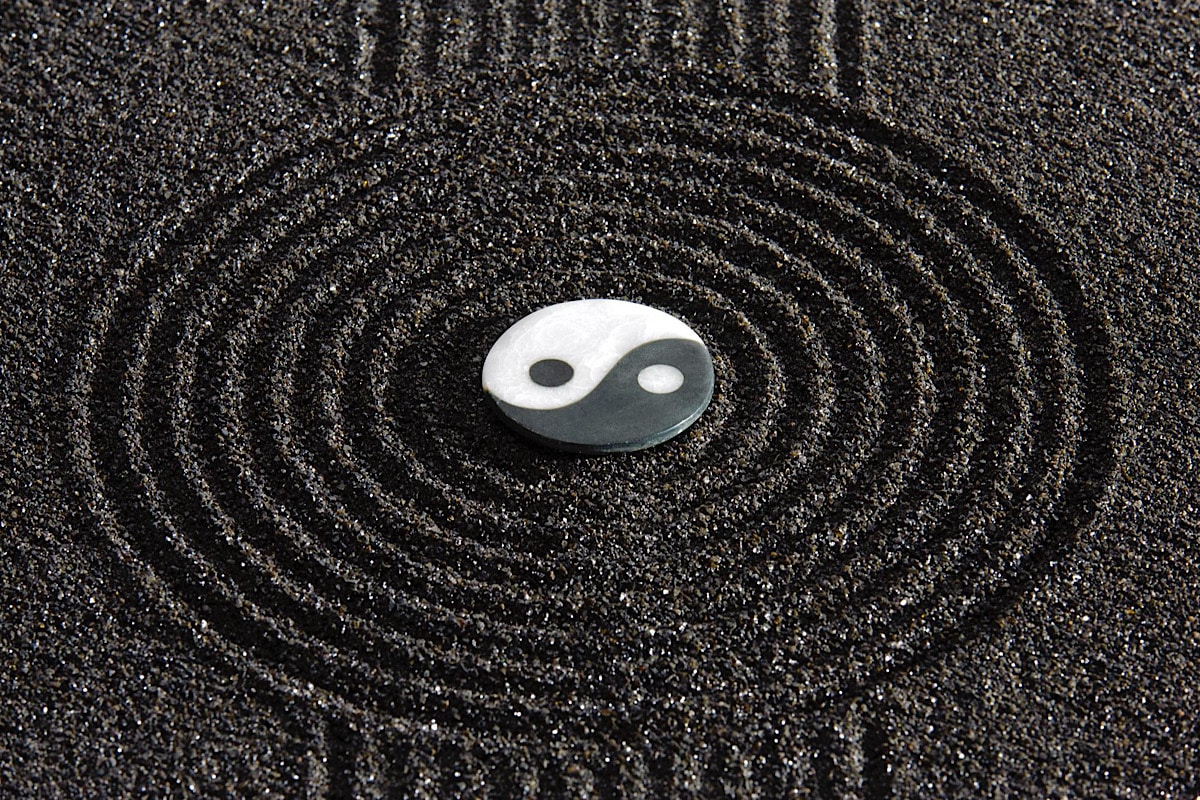 Das Yin-Yang-Symbol ist ein Kreis, das aus zwei Hälfte besteht: Einer weissen und einer schwarzen, in der weissen ist ein kleiner schwarzer Punkt und in der schwarzen Hälfte ist ein kleiner weisser Punkt.