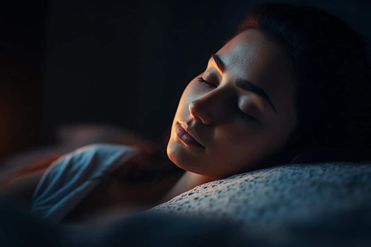 Eine Frau liegt mit geschlossenen Augen auf einem Kissen, Gesicht entspannt.
