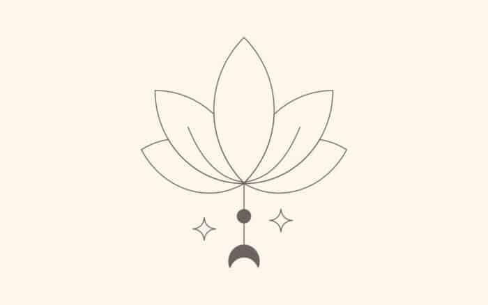 Minimalistische Illustration einer Lotusblume mit fünf Blütenblättern in linearem Design, die Lebenskraft ausstrahlt. Unter der Blume befindet sich eine Mondsichel mit drei kleinen Sternen, die die Gelassenheit des Yin Yoga verkörpern, alles vor einem hellbeigen Hintergrund.